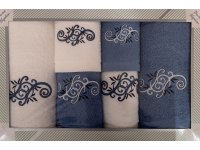 Coffret éponge 6 pièces blanc et bleu motif brodé de volutes