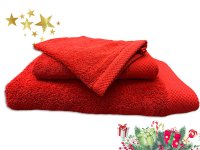 Ensemble éponge rouge drap de bain + serviette + gant